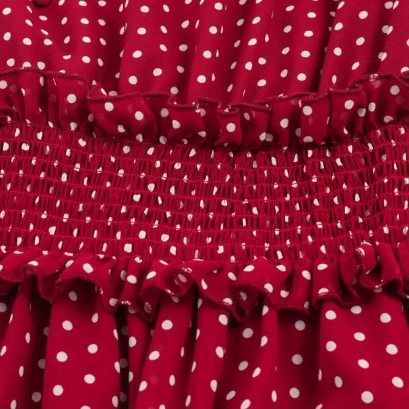 Vestido Maxi Retro Vermelho com Poás para Mulheres, Manga Lanterninha, Cintura Ajustável, Barra com Renda, Comprimento até o Tornozelo, Vintage Elegante para Festas