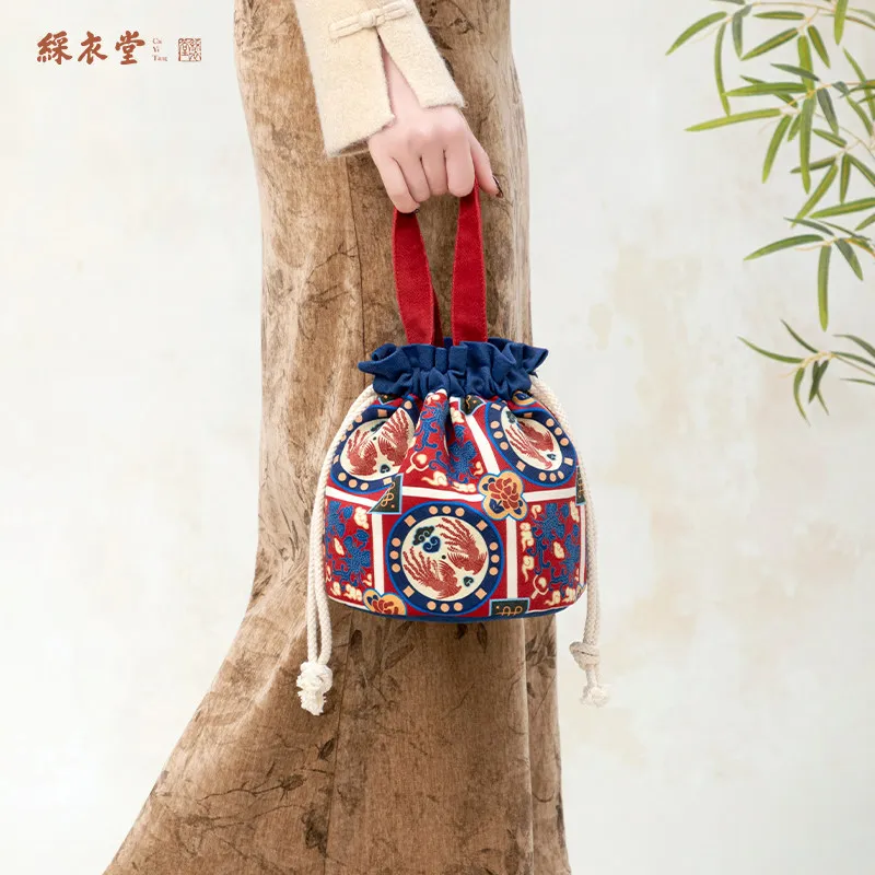 

Vintage Chinese Style Hand Carry Drawstring Bundle Mouth Bag Bucket Bag Girl Shoulder Crossbody Mobile Phone Bags for Women