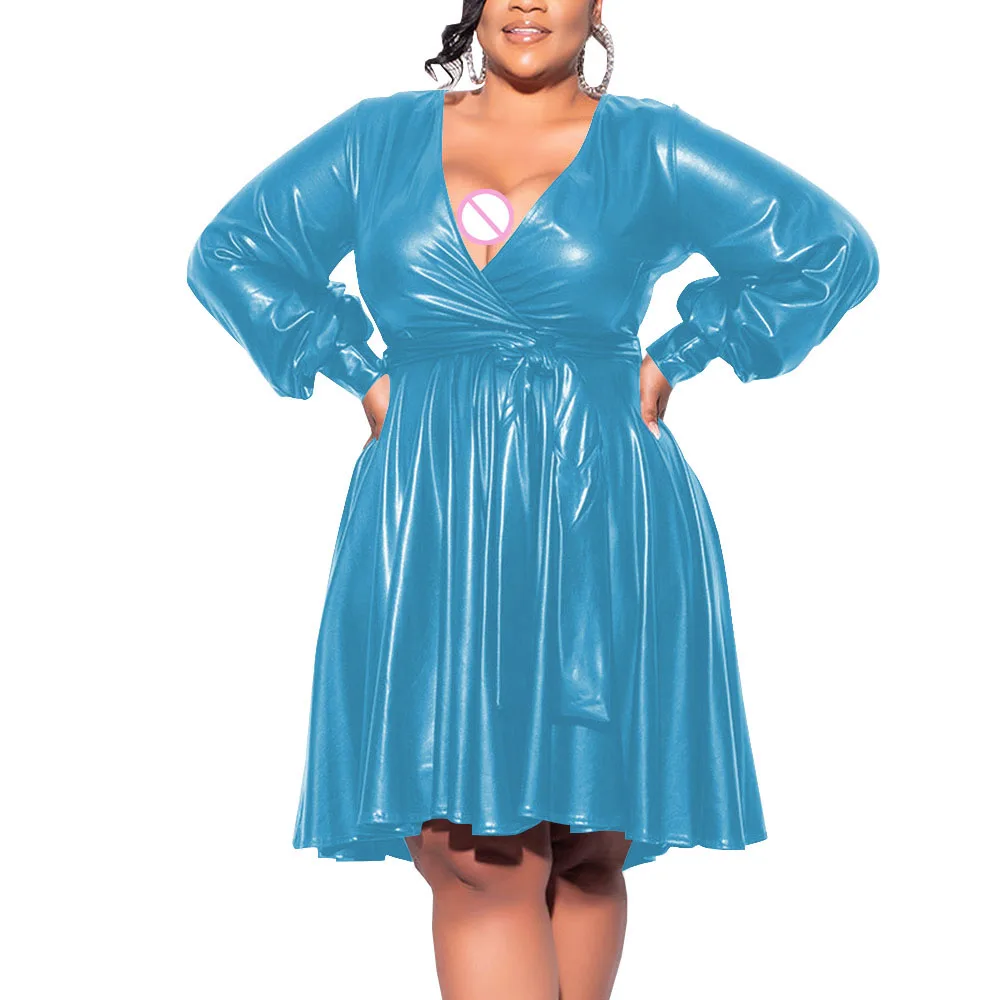 

Exotic Dresses Wetlook Women Deep V-neck Long Sleeve Shiny Metallic A-line Midi Dress Fetish Sexy Club Plus Size Dress 7XL Lady