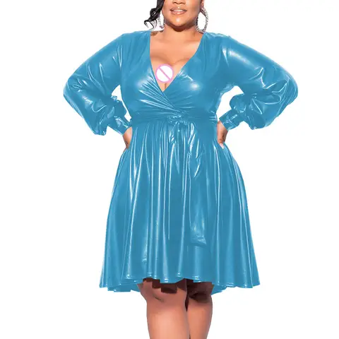 Exotic Dresses Wetlook Women Deep V-neck Long Sleeve Shiny Metallic A-line Midi Dress Fetish Sexy Club Plus Size Dress 7XL Lady