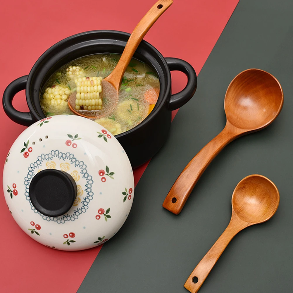 

1pc Japanese Style Wooden Soup Spoon Home Restaurant Long Handle Ladle Kitchen Accessory Porridge Rice Serving Spoon