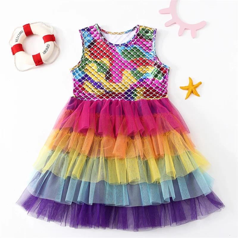 Girls Dress Summer Sleeveless Polyester Tutu Dresses For Girls 3-7 Years Girls Perform Mermaid Dress Knee-Length