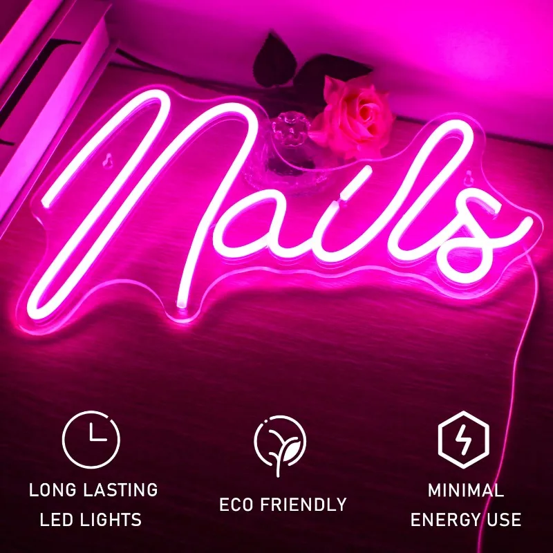 Nails Neon Sign LED Wall Decor, USB, Pink Lights for Beauty Room, Interior, Exterior, Quarto, Loja