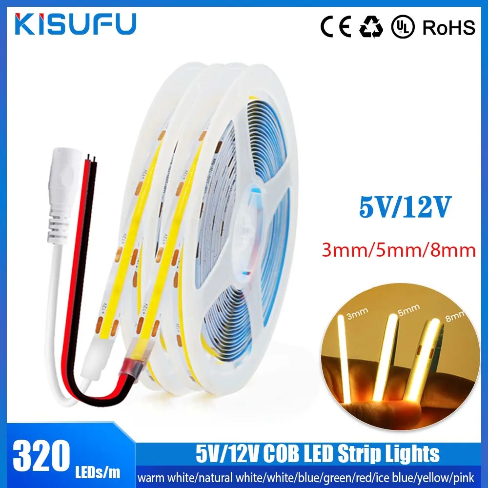 COB LED Strip Lights para Home Decor, alta densidade, luz de fita flexível, lâmpada USB, 320LEDs por m, 3mm, 5mm, 8mm de largura, DC 5V, 12V