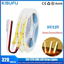 Tira de luces LED COB, cinta Flexible de alta densidad, USB 320, 3mm, 5mm, 8mm de ancho, lámpara de decoración del hogar, 5V/12V CC