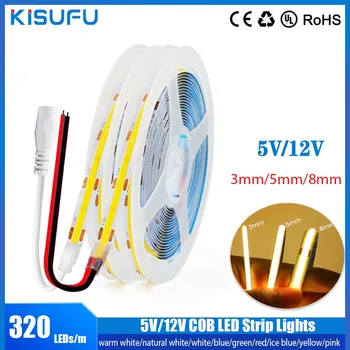 DC 5V/12V COB LED 스트립 조명 USB 320LED/m 고밀도 유연한 테이프 3mm 5mm 8mm 너비 COB LED 테이프 라이트 홈 장식 램프