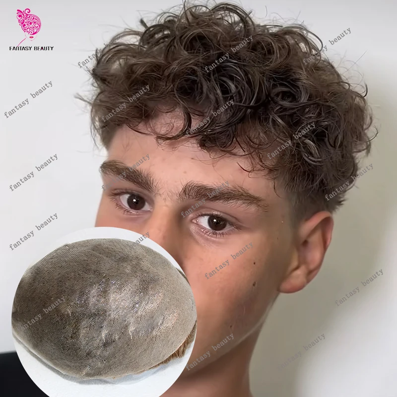 

Пепельно-коричневый блондин 24 мм Свободные вьющиеся 0,06 мм Ультратонкая основа кожи 100% парики из натуральных волос Необнаружимые натуральные волосы Vloop Мужской парик