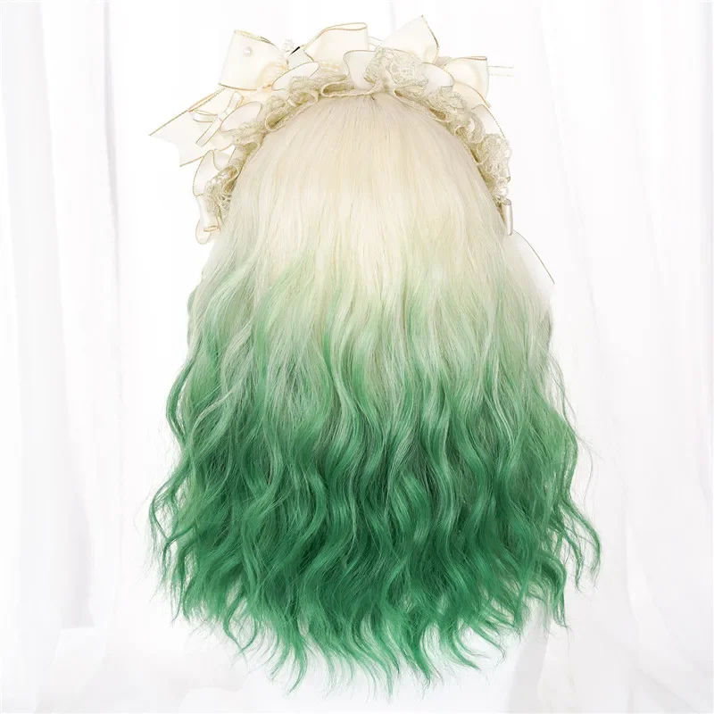VICWIG Parrucca cosplay riccia di media lunghezza per capelli sintetici stile Lolita Beige sfumato rosa/verde con frangia per donna