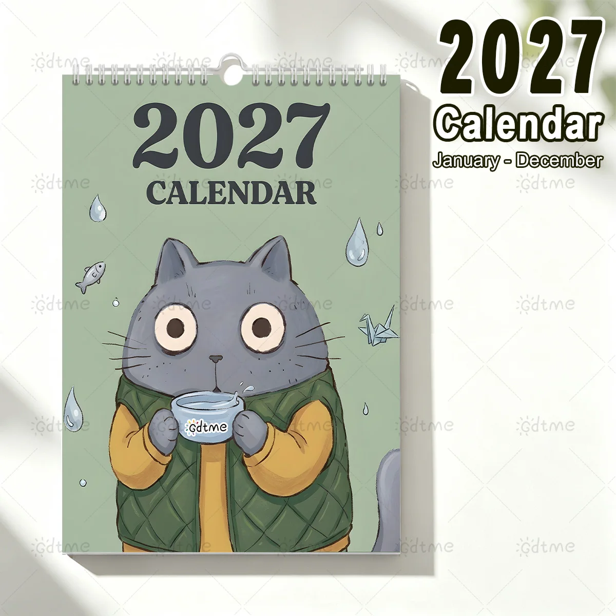 2027 Cat's Life Wall Calendar,Cute Cartoon Cat Illustrations,12 Monthly Planner,Spiral Binding,Home Decor Gift for Cat Lovers