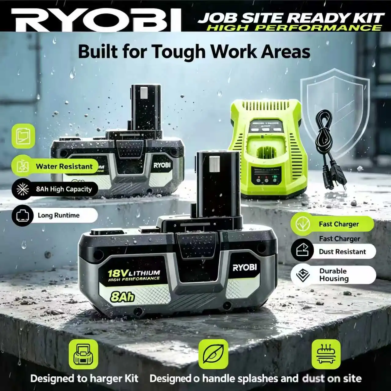 Ryobi 18V 8Ah rechargeable lithium battery in 2026- low self-discharge, extended runtime compatible with all 18V series tools