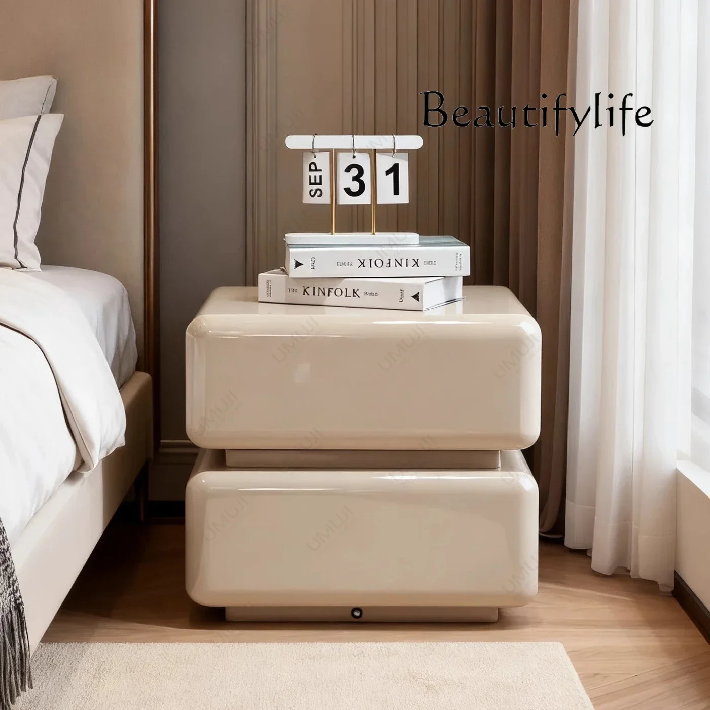 25 N Simple Cream Wind Bedside Table Minimalist Modern Bedside Simple Cabinet Bedroom Sensor Light Locker