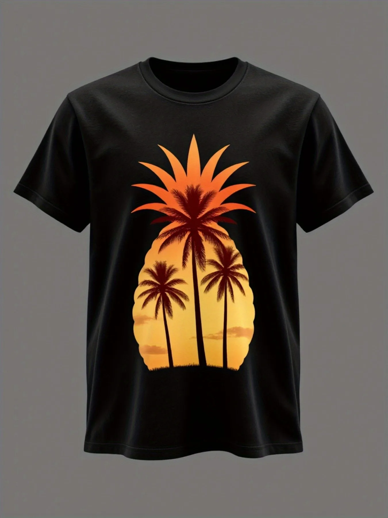 

Men's Black Tropical Palm Tree and Pineapple Sunset T-Shirt Short-Sleeve Casual Shirt Heat Transfer Print T-Shirt