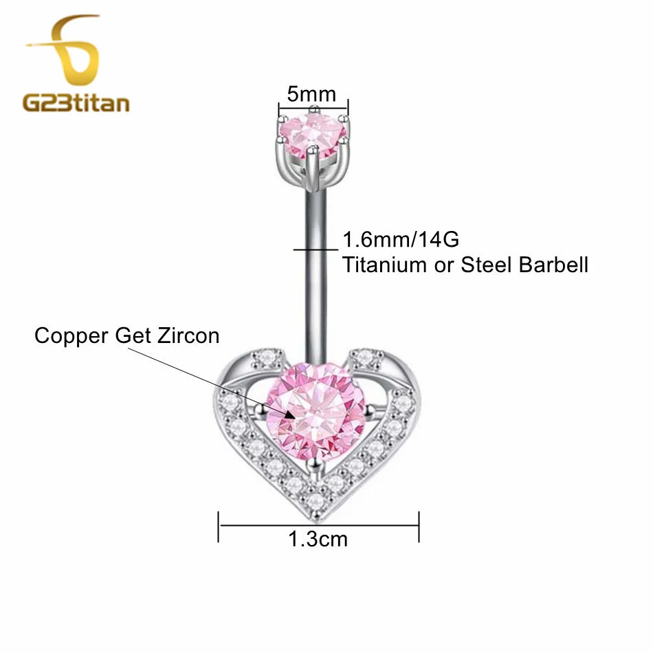 G23Titan 14G Piercing Pink Zircon Heart Navel Ring Surgical Titanium Steel Ombligo Shiny Cartilage Body Women Jewelry Gifts