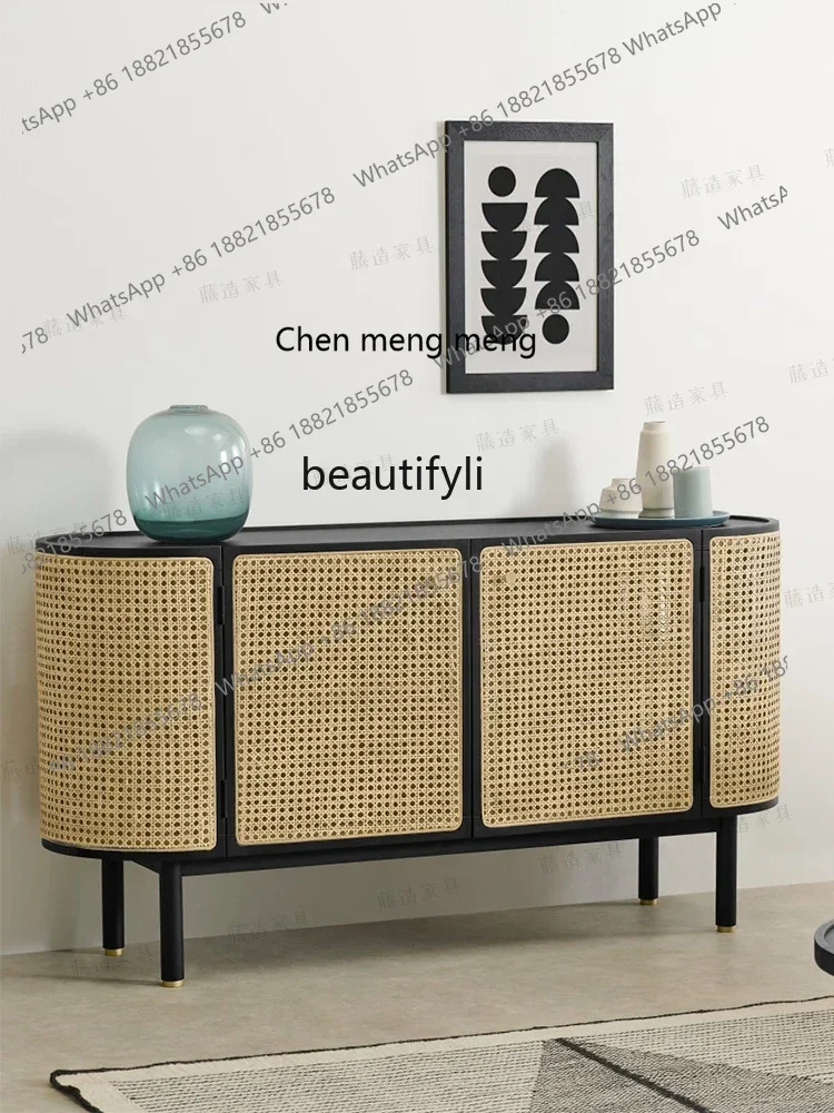 

X Nordic Retro Sideboard Cabinet Solid Wood Entrance Cabinet Mid-Ancient Black Log Rattan Storage Chest of DrawersA