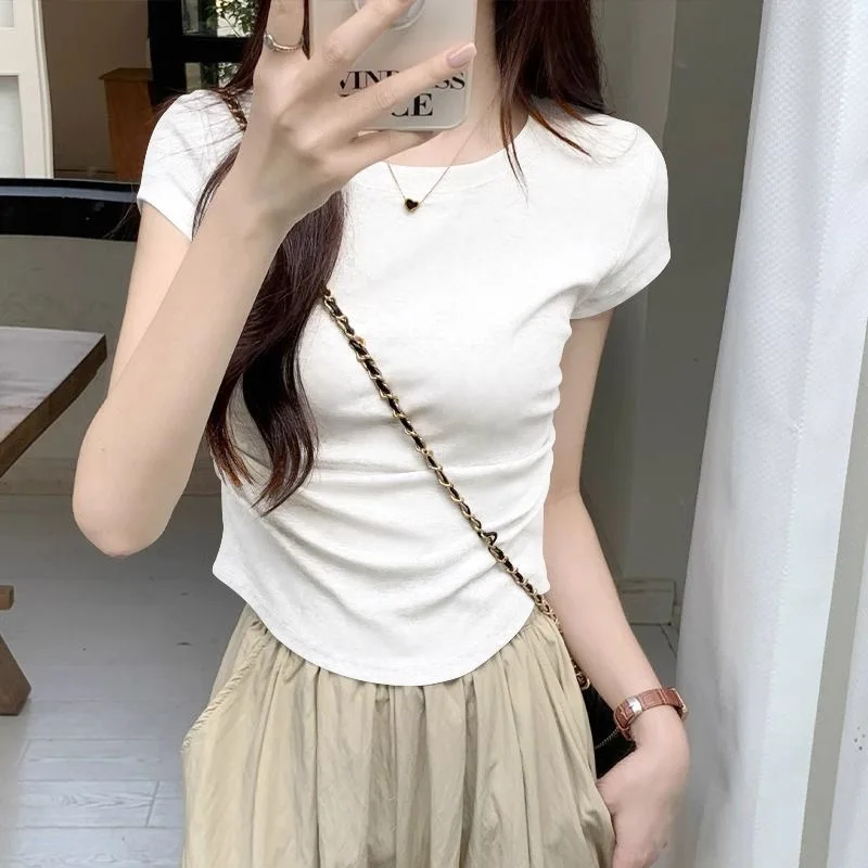 

Summer Cool Women's Casual Top Threaded Waist Bundle U-shaped Bottom Short Sleeve Solid Color Large Fashion Women's Wear