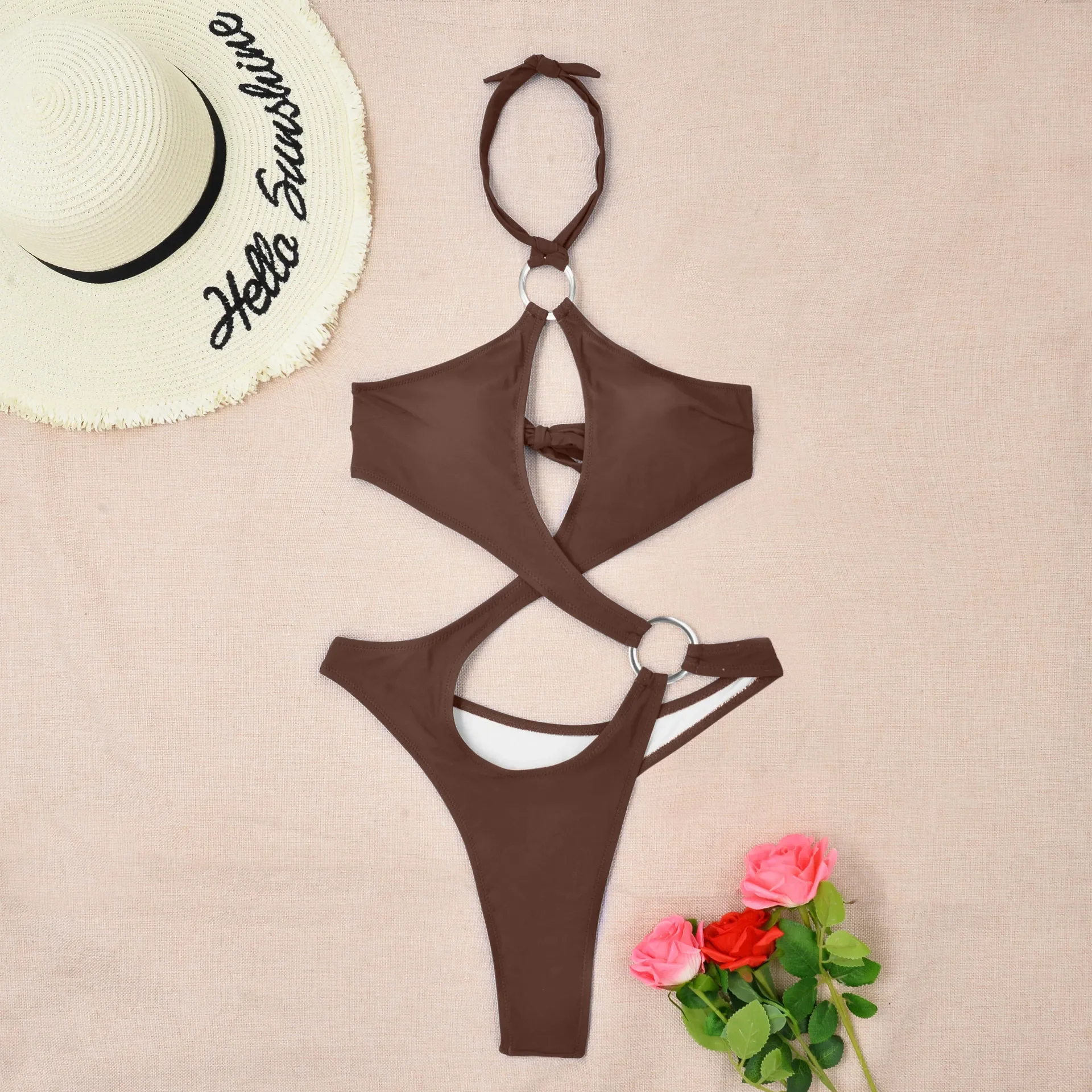 เซ็กซี่แหวน Halter BANDAGE Hollow ชุดว่ายน้ํา One Piece บิกินี่ 2024 ผู้หญิงชุดว่ายน้ําหญิงชุดว่ายน้ําชุดว่ายน้ํา Biquini