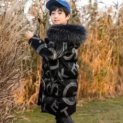 Winter Children Boys Parkas Cotton Padded Letter Print Infant Baby Boys Outerwear Coat 4-14Y Teenager Boy Faux Fur Hooded Jacket