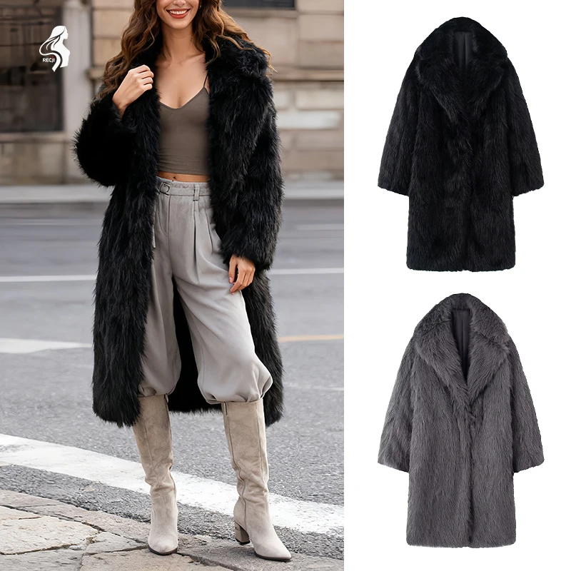 

Женское длинное пальто большого размера из искусственного меха — мягкая пушистая ткань, воротник с лацканами, модный серый/черный стиль, идеально подходит для зимы