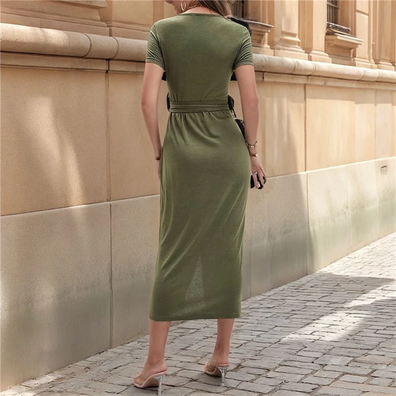 【SEE】 Robe t-shirt Maxi d'été 2025 pour femmes, manches courtes, col rond, cravate à la taille, coupe cintrée, fente moulante, robes froncées