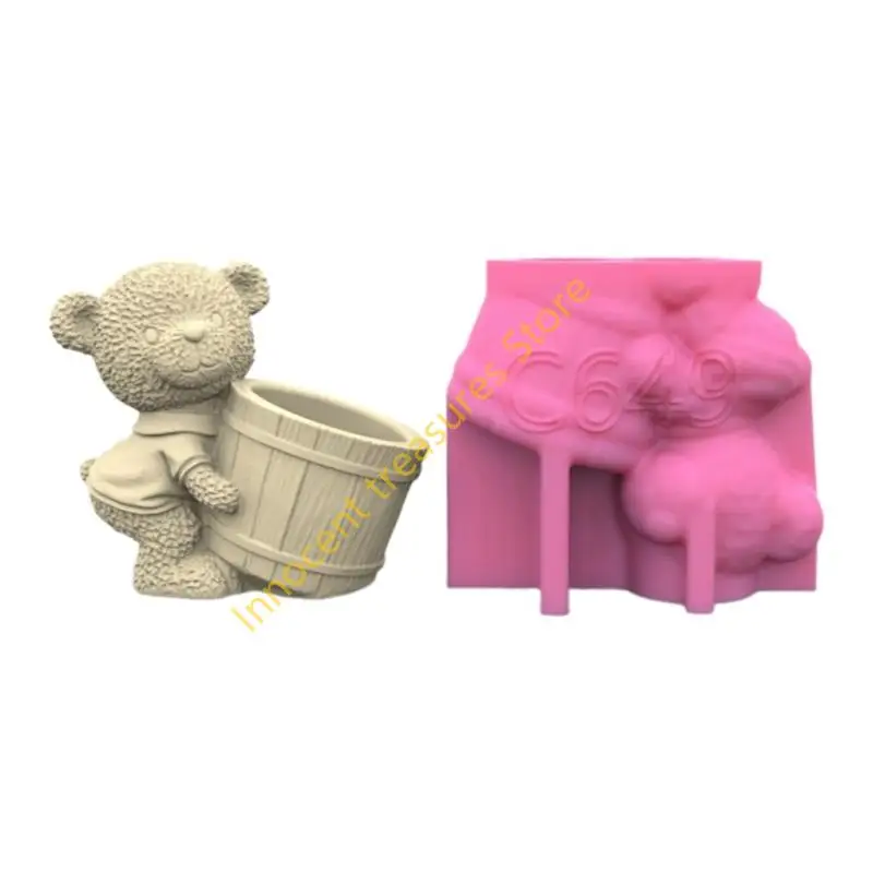 

3XUA Flower Pots Mold Cartoon Bear Pen Holder Silicone Mould Concrete Plaster Planter Vase Mold Epoxy Resin Molds