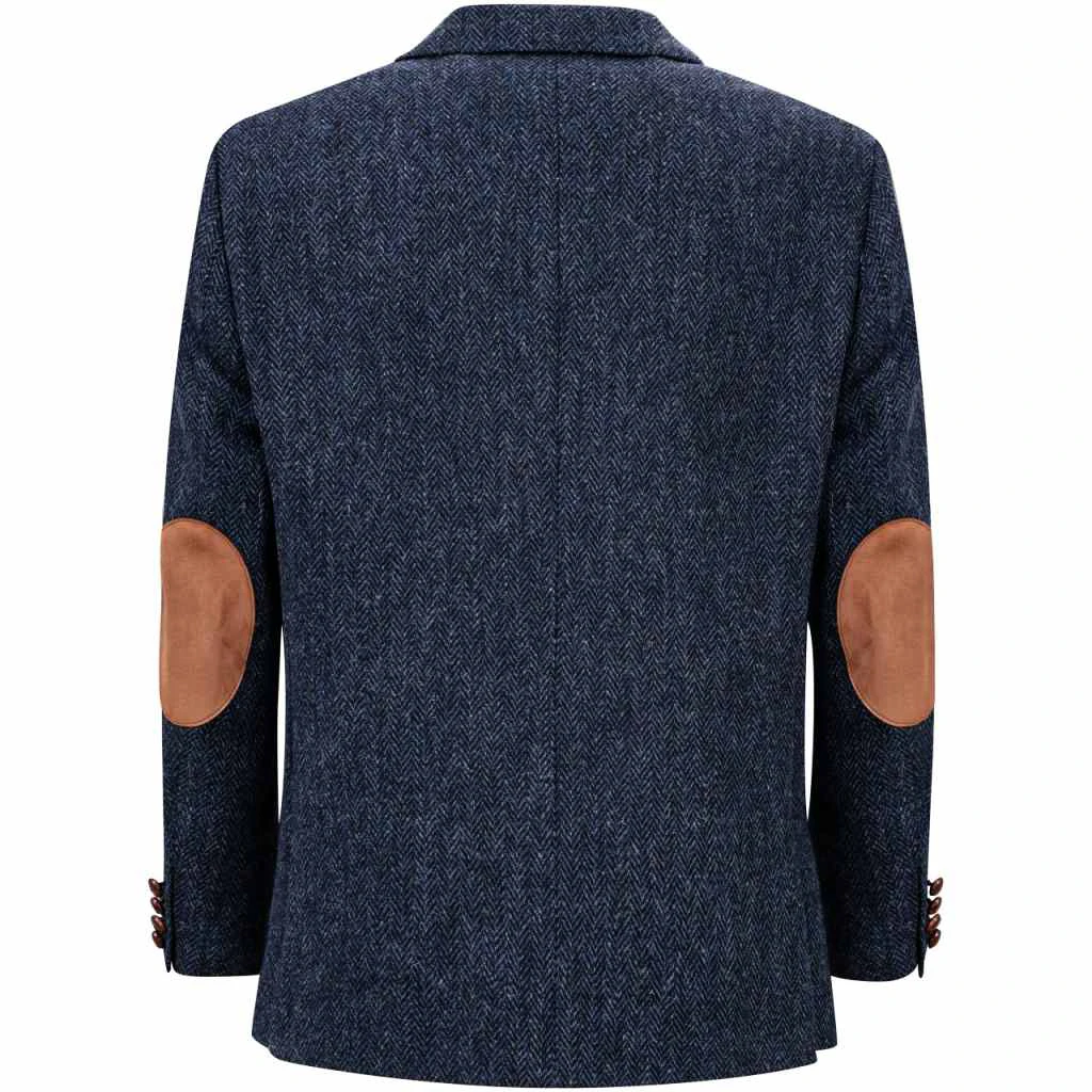 Classic Navy Blue Herringbone Tweed Blazer with Suede Elbow Patches and Flap Pockets Men Autumn Vintage Suit  Customized M243466