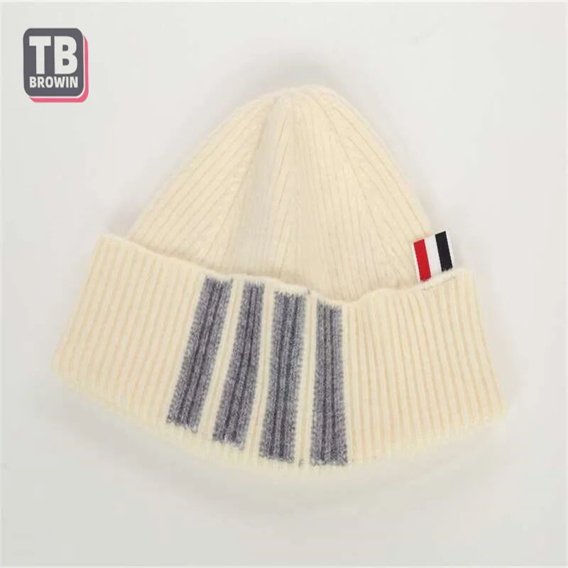 TB BROWIN Men\'s Brand Knitted Hat Four bars Stripe Winter Casual Hip Hop Luxury Women beanie Wool Cashmere Elastic Hats Unisex