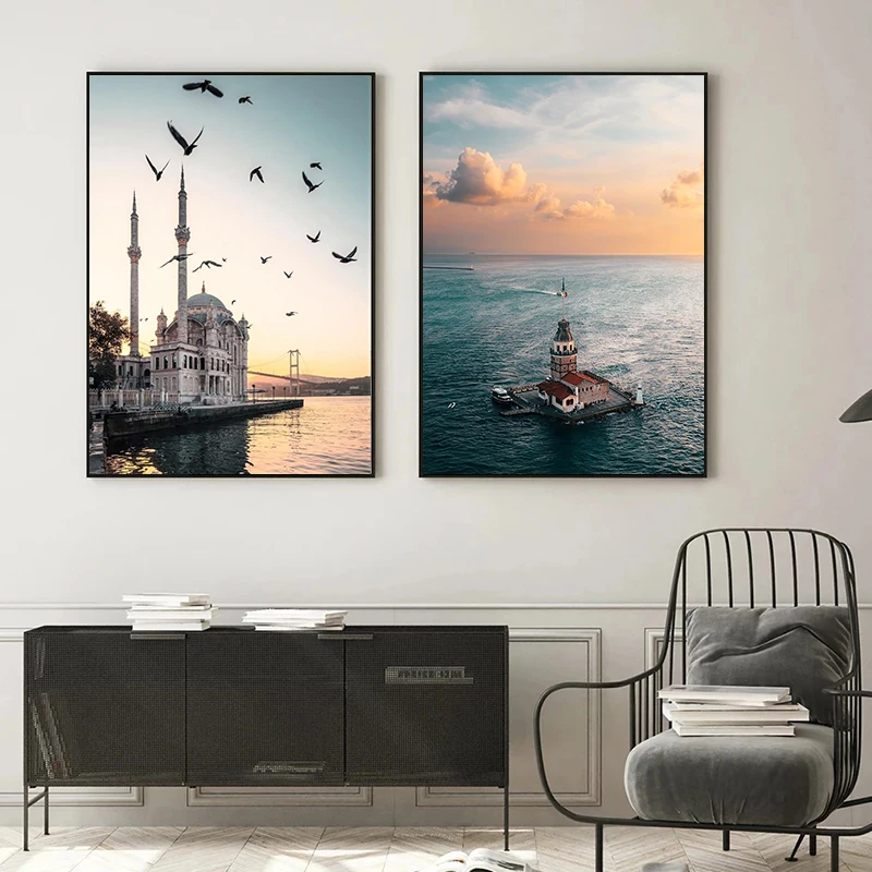 Istanbul Turkey Maiden's Tower Poster Ortakoy Mosque Sunrise Landscape Canvas Painting and Prints Wall Art Picture Bedroom Decor