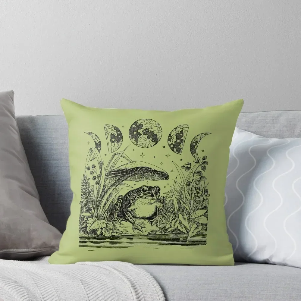 

Cute Cottagecore Frog with Mushroom and Moon: A Witchy Vintage Pastel Green Aesthetic Infused with Dark Academia, G Throw Pillow