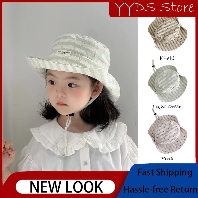 

Spring Summer Cute Heart Pattern Kids Bucket Hat Large Brim UV Protection Sun Cap For Boys Girls Outdoor Travel