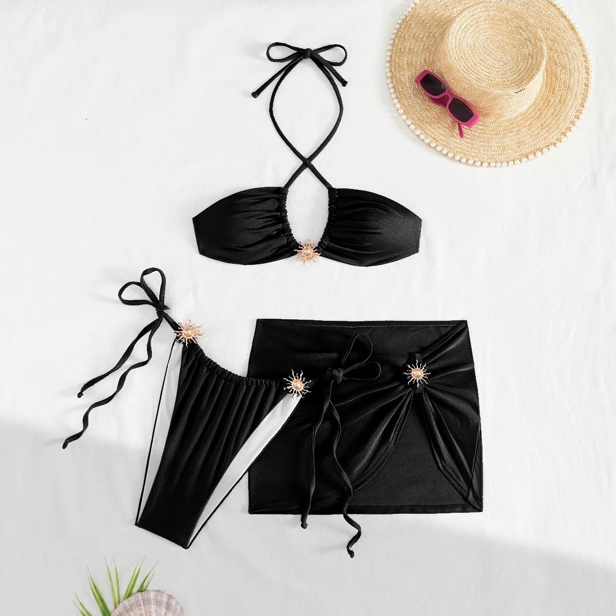 섹시한 반다나 홀터 타이 비키니 세트 3종 주름 미니 스커트 수영복 비치웨어 비키니 탱키니 트리키니