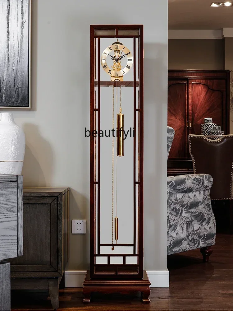 smt7486 new See-through Mechanical Floor Clock Chinese Retro Vertical Clock Solid Wood Living Room Machinery Bell Core European