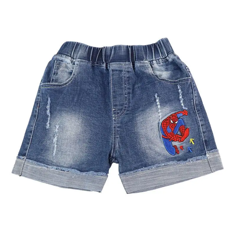 New cartoon Marvel Spiderman for boys summer fashion creative anime embroidery pattern soft casual and versatile denim shorts