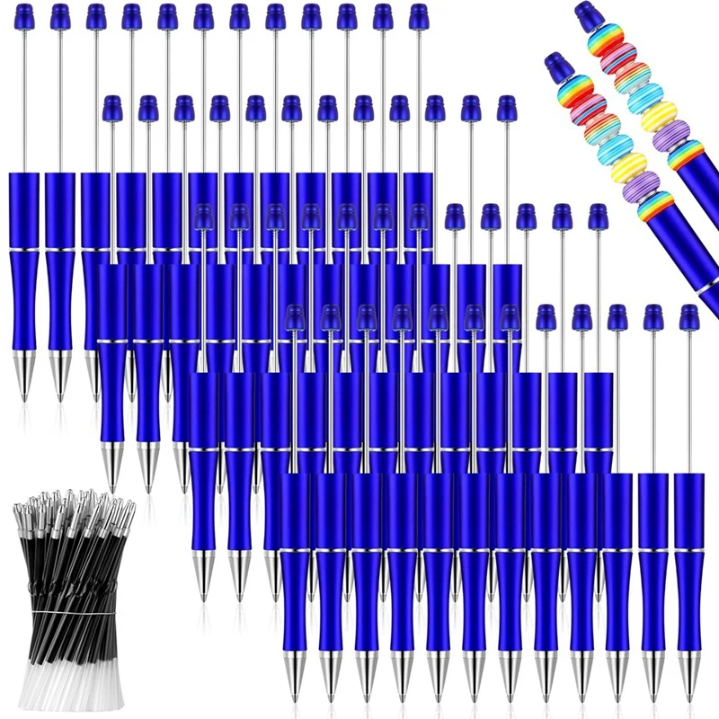 50Pcs Plastic Beadable Pen Shaft Black Ink Beaded Pens With 50 Refills For DIY Making Gift Blue