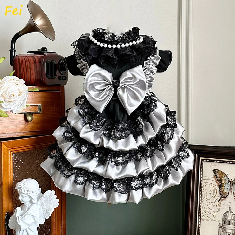 

Designer Poodle Dress 2025 - Handmade Silver Black Lace Bow Dresses, Luxury Cotton Puppy Outfits for Small Dogs Spring New​