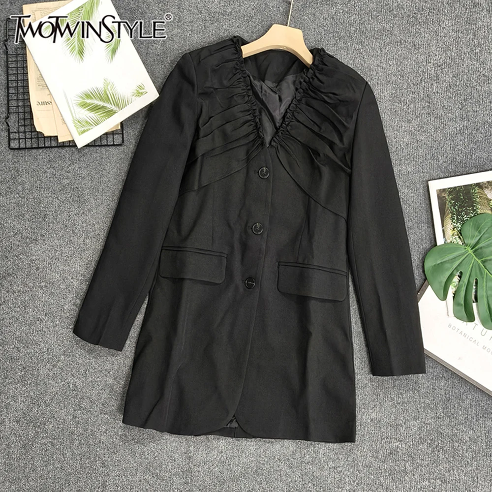 

TWOTWINSTYLE French Style Elegant Blazers For Women V Neck Long Sleeve Spliced Button Autumn Cute Jackets for Women KJA501201