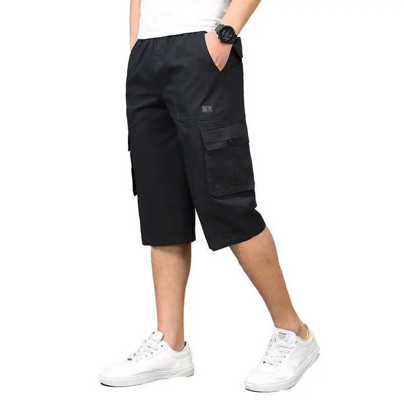 Men\'s Shorts Multi Pocket Solid Color Summer Clothing Thin Large Fashion Vintage Elastic Waist Work Hot Cargo Casual Male Pants