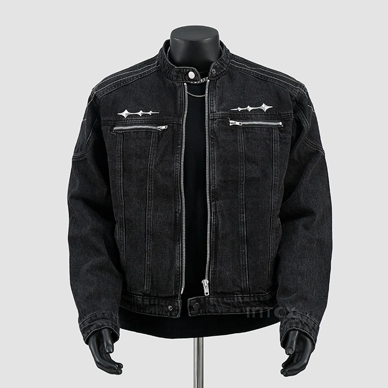 High Street Fashion Men Jacket Zipper Designer Retro Blue Stand Collar Bomber Jacket Men Biker Denim Coats Y2K Hip Hop Chaquetas
