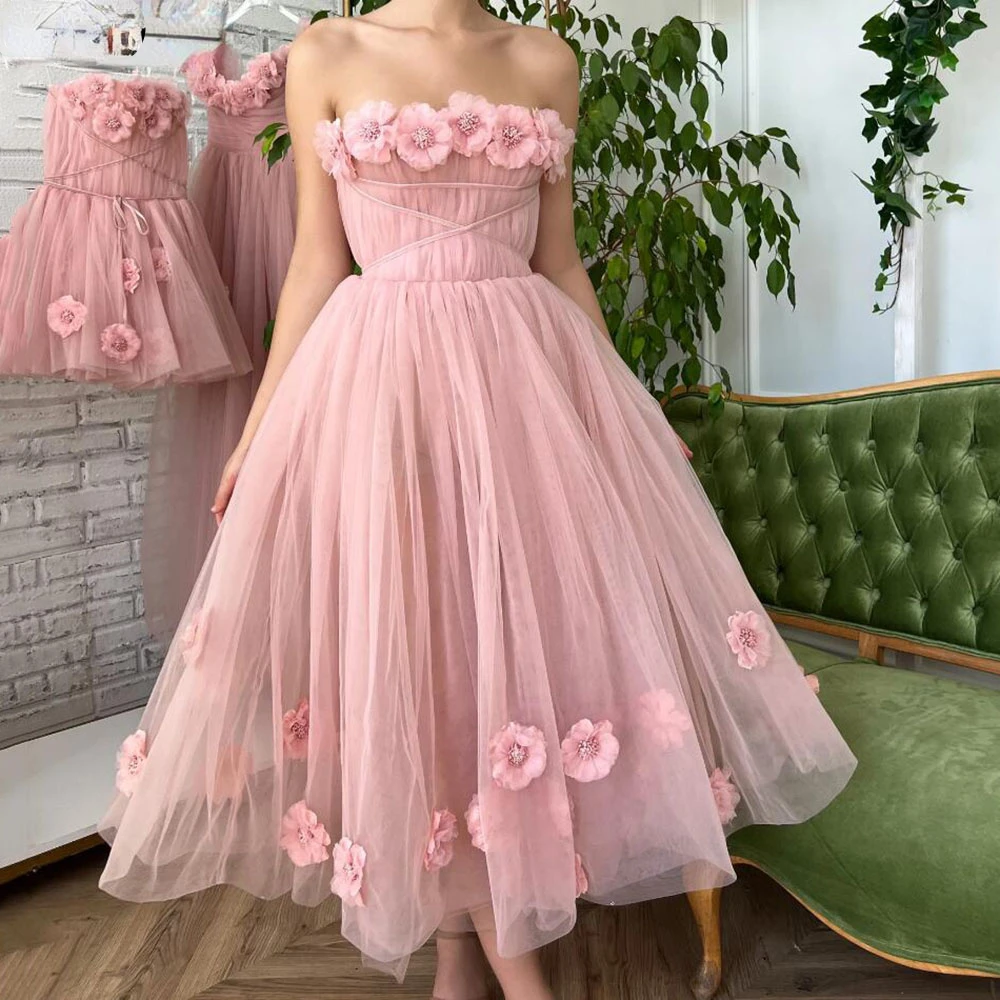 

Pink 3D Flowers Midi Prom Dresses Women A Line Strapless Pleats Homecoming Gowns Formal Pageant Party Bridesmaid Dress