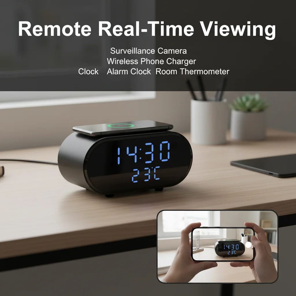 

Многофункциональная Wi-Fi камера 5-в-1 с разрешением 4K UHD, беспроводной зарядкой для телефона, часами, будильником и термометром для комнаты | Удаленный просмотр в реальном времени через приложение