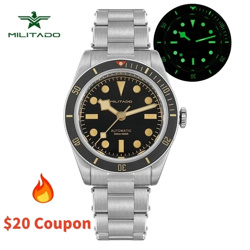 

Militado ML06 BB58 NH35 Movement Luminous Watches Domed Sapphire Crystal, High Clear AR Coating 200M Waterproof Wristwatch