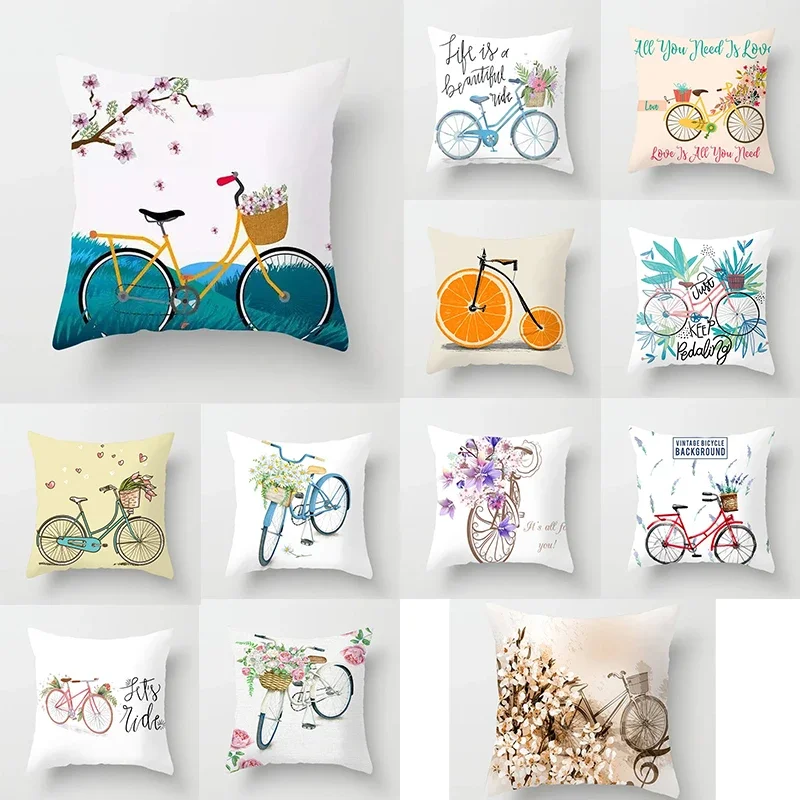 Spring Flower Bicycle Series Home Decoration Cushion Cover Living Room Bedroom Decoration 45*45cm Pillowcase Printed Pillowcase