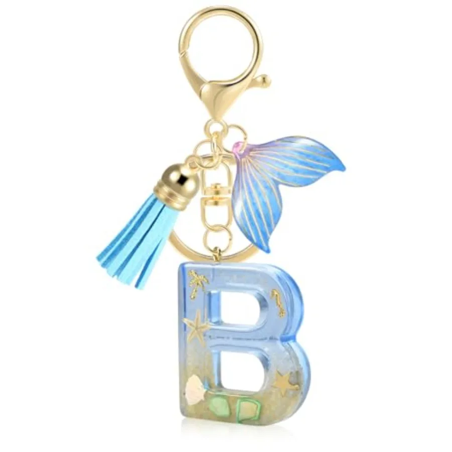 

Initial letter Keychains for Women, Ocean Series Avowing Protect Earth Environment, Tassel Cute Car Keychain Initial Key Chain