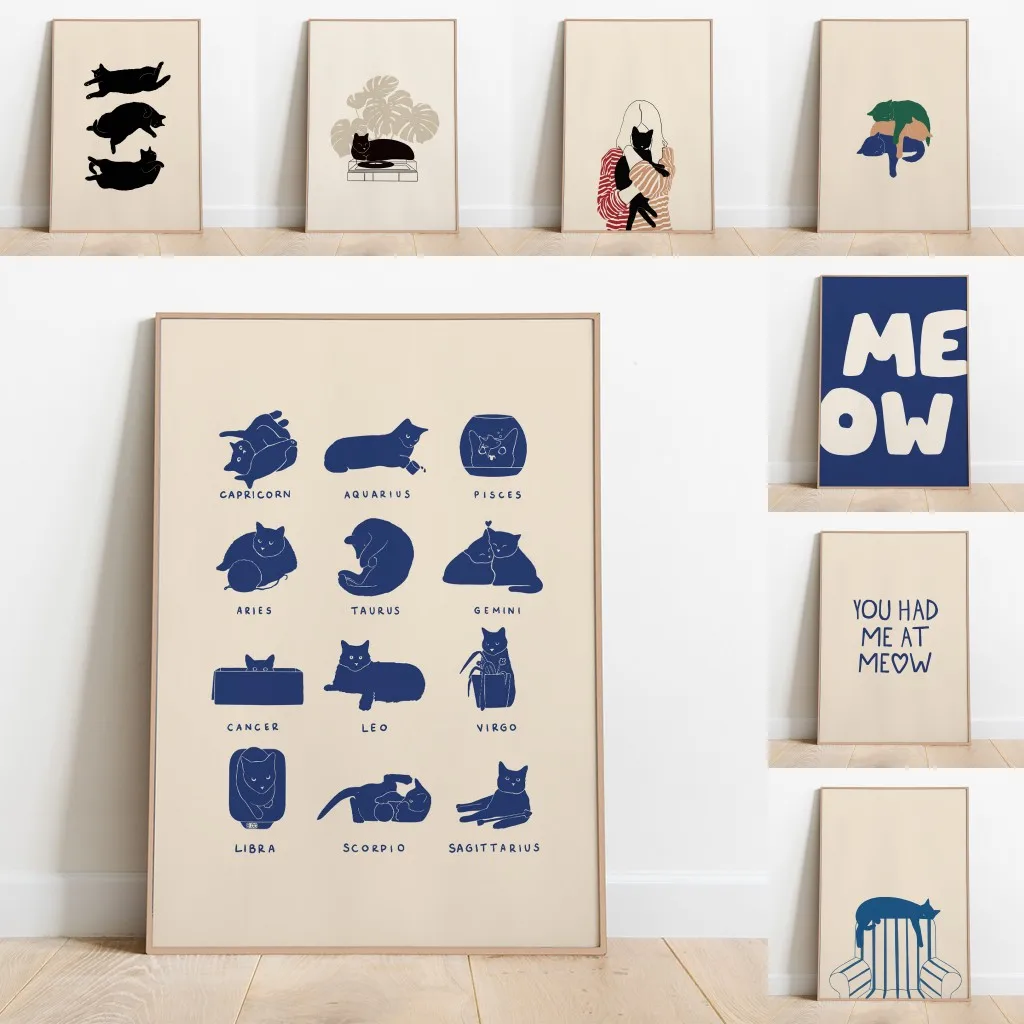 Modern Minimalist Wall Art Pictures Cute Animal Prints Living Room Home Decor Gift Idea Pet Cat Lover Canvas Painting