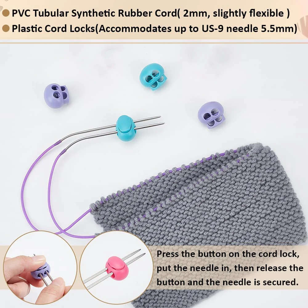 5M Stitch Keeping Cords with 2-Hole Plastic Cord Locks Synthetic Rubber Cord Crochet Supplies Knitting Needle Point Protectors