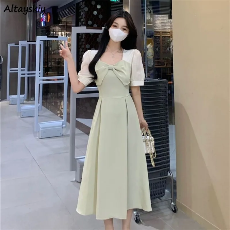 

Dresses Women Bow Short Sleeve Fake Two Pieces Midi French Style Elegant Classic Simple Ins Temperament Stylish Summer Prevalent