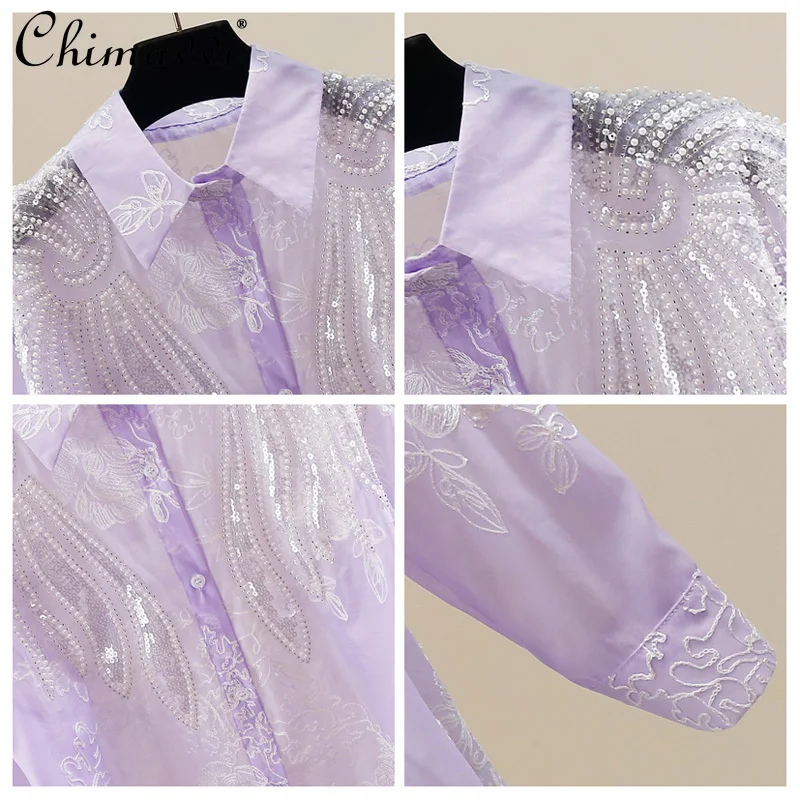 Fashion Heavy Beaded Embroidery Decorative Lapel Long Sleeve Shirt 2025 Autumn New Sweet Girl Loose Temperament Versatile Top