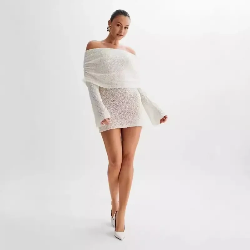 홀리데이 니트 홀로우 체스트 랩 숄더 드레스 고급 짧은 치마 2025 봄 여름 신상 여성 의류