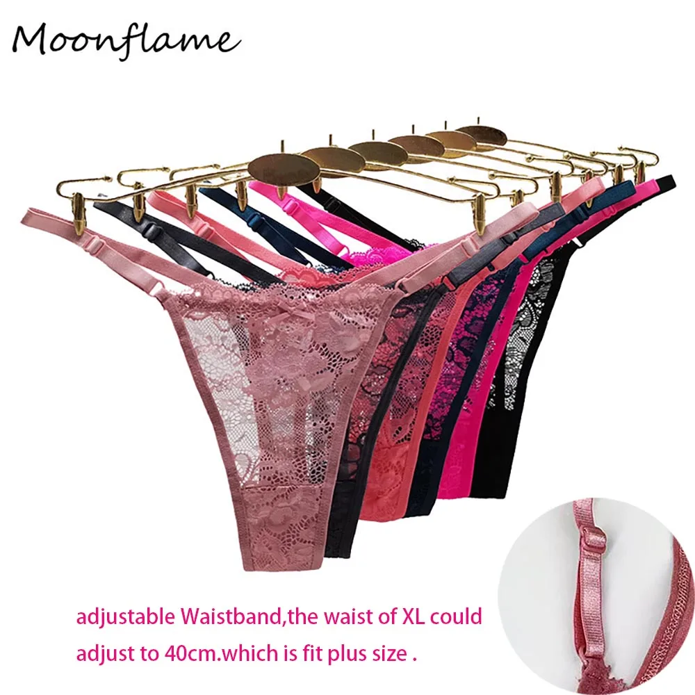 Moonflame 5 pcs/lot adjustable Waistband Low Rise Lingerie G String Lace Transparent Lady Panties Women\'s Underwear Thongs