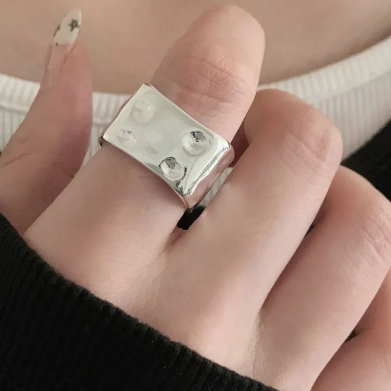 

VENTFILLE 925 Sterling Silver Ring for Women Square Geometry Crinkle Textured Wide Thick Punk Jewelry Party Gift Dropshipping