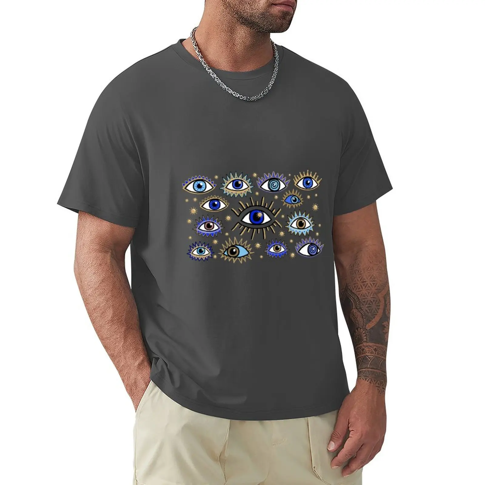 Camiseta azul Mal de Ojo para hombre, tops vintage de gran tamaño, ropa